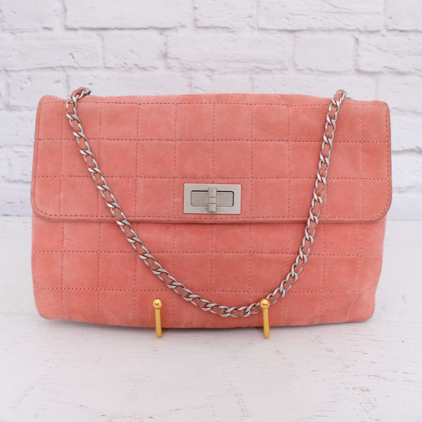 Chanel Chocolate Bar Reissue Flap Pink Suede Chain Shoulder Bag A3305