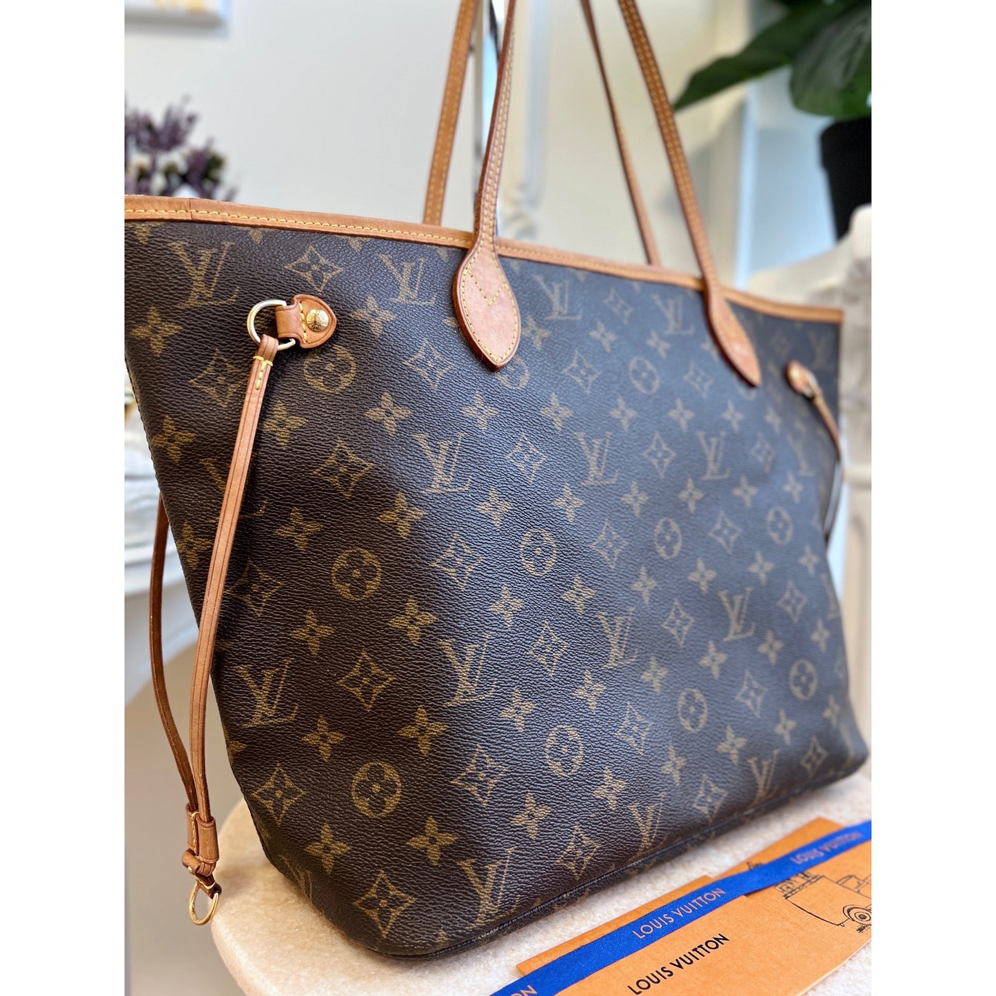 Louis Vuitton Neverfull MM Monogram Leather Tote Shoulder Purse Brown