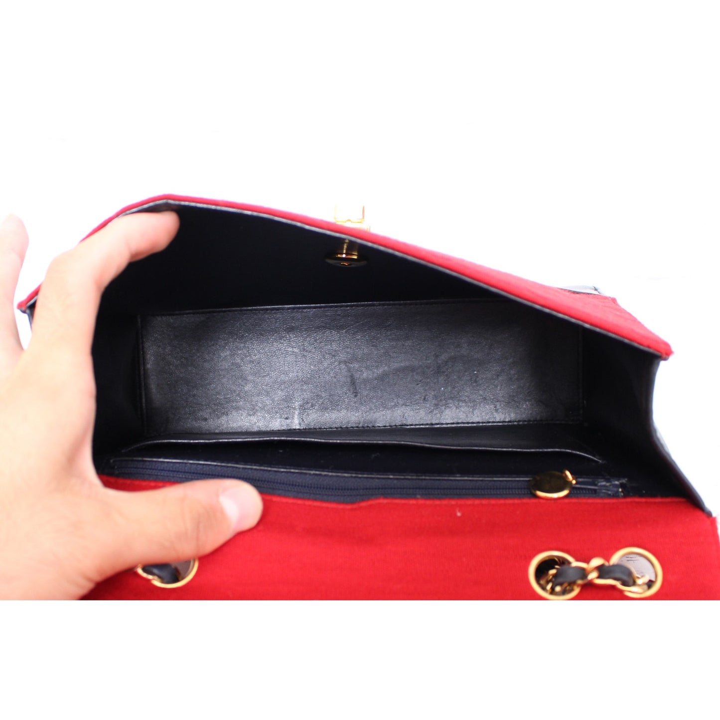 Chanel Double Chain Shoulder Bag Quilted Red Jersey Handbag Leather A4033