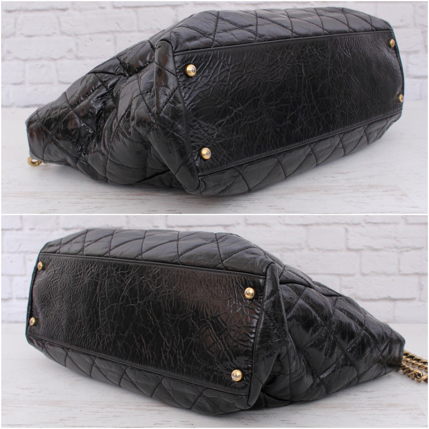 Chanel 2 Way Tote Black Glazed Calfskin Leather Shoulder Handbag Purse A4825