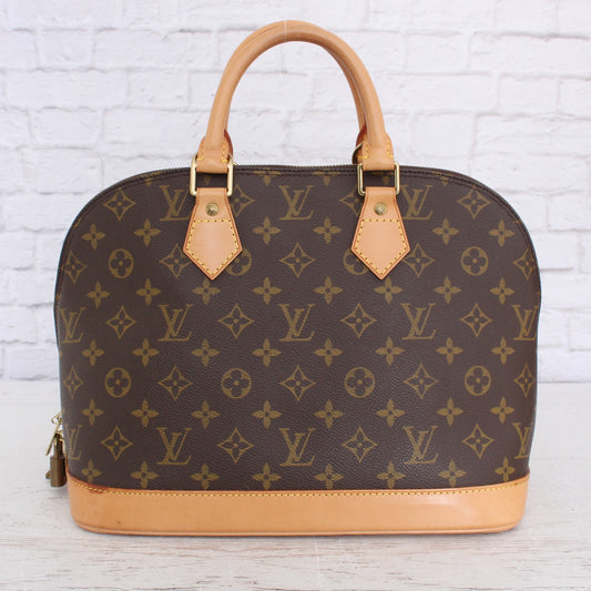 Louis Vuitton Alma MM Monogram Satchel Brown Leather Handbag Zip Bag