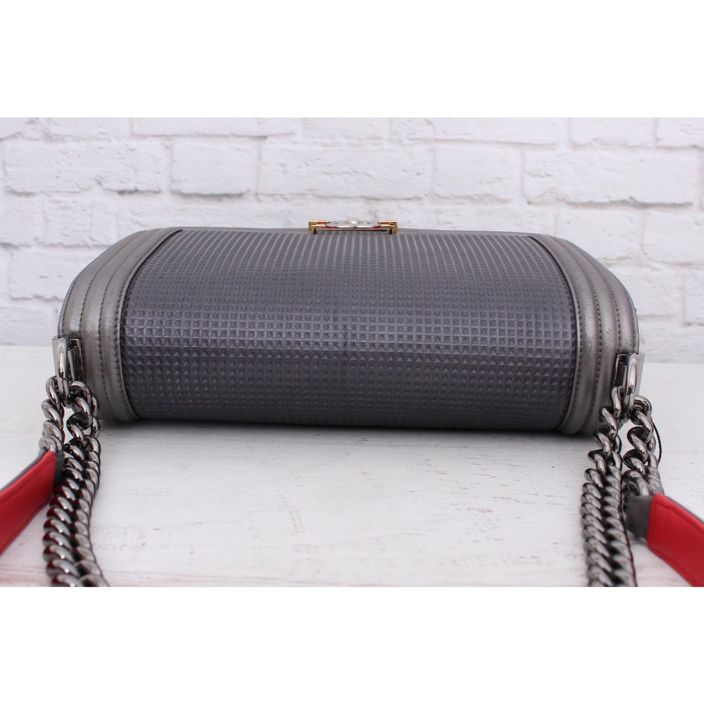 Chanel Boy Bag Cube Grey Lambskin Leather Shoulder Crossbody Purse A4572