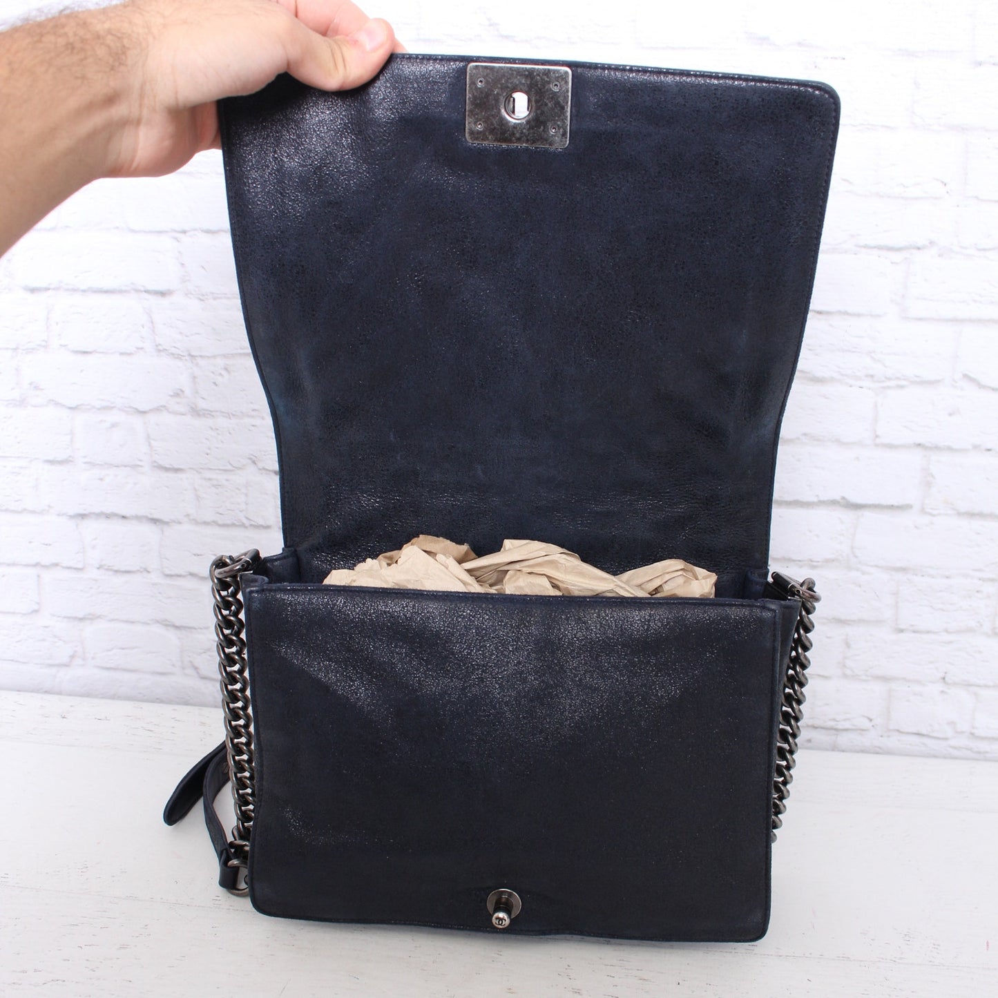 Chanel Boy Bag Navy Calfskin Leather Shoulder Crossbody Handbag Purse A4574