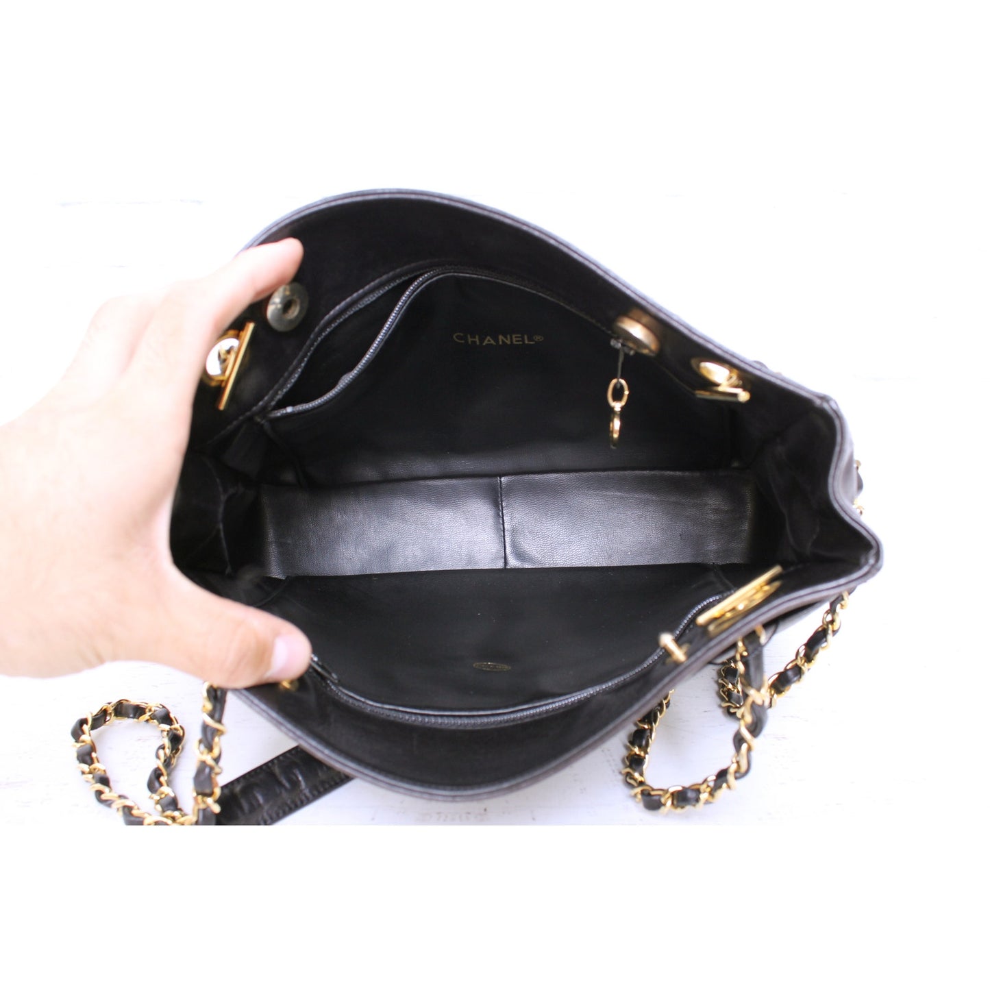 Chanel Quilted Black Lambskin Chain Tote Leather Shoulder Handbag Purse A5086