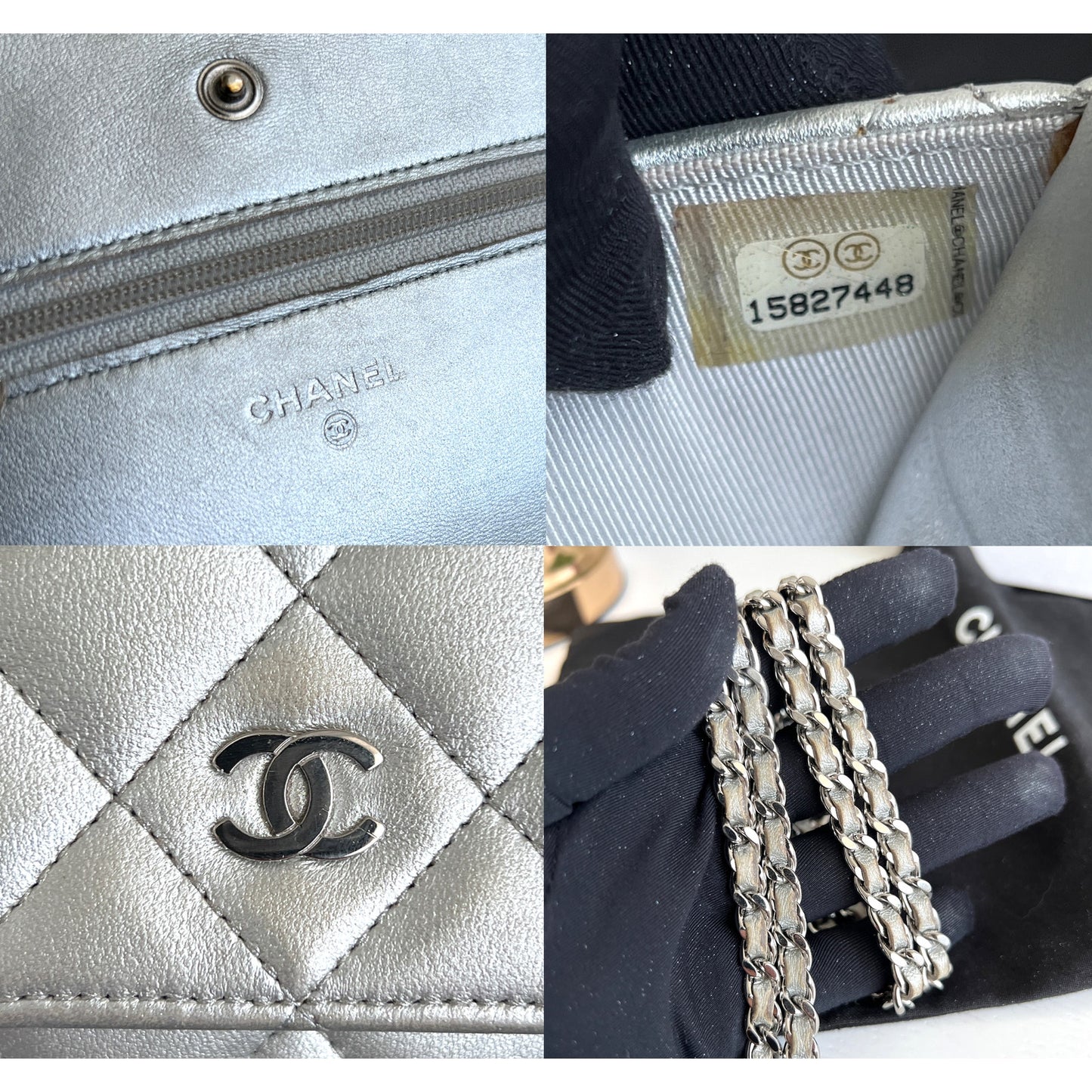 Authentic Chanel Woc Leather Lambskin Silver Chain Crossbody Shoulder