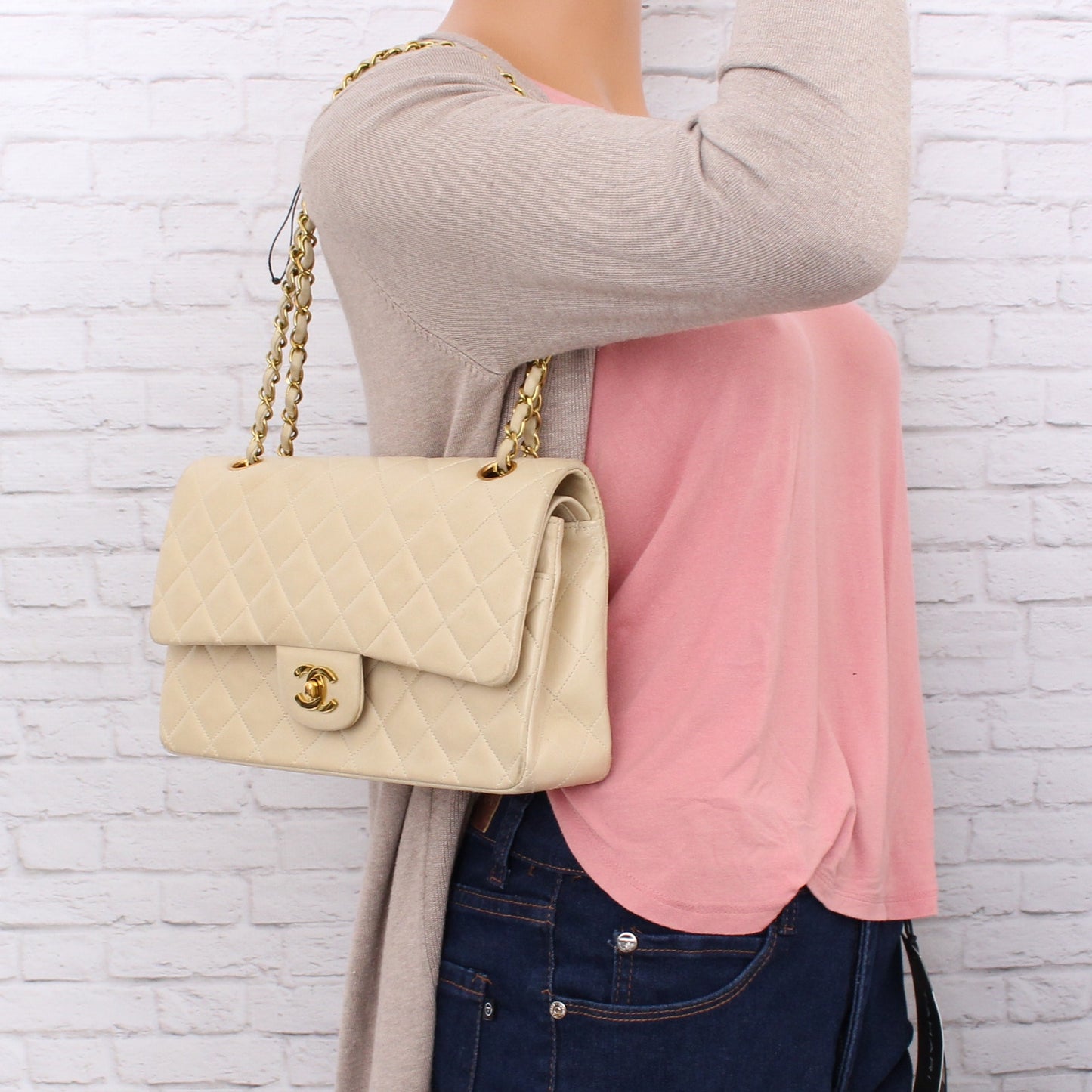 Chanel Classic Double Flap Cream Lambskin Leather Shoulder Handbag Purse A5109