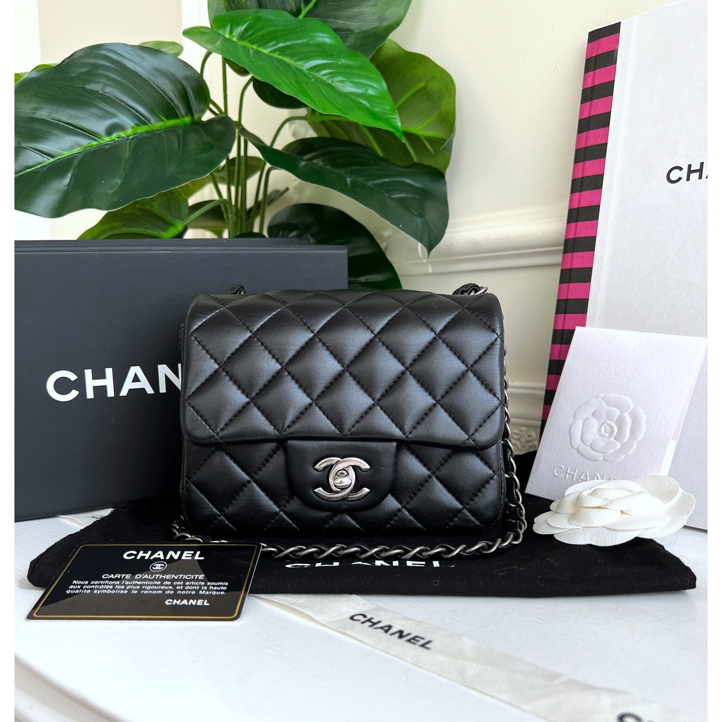 Authentic Chanel Black Lambskin Classic Square Flap Black Crossbody Bag