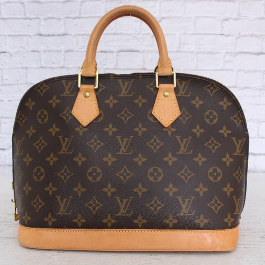 Louis Vuitton Alma MM Monogram Satchel Brown Leather Handbag Bag Tote