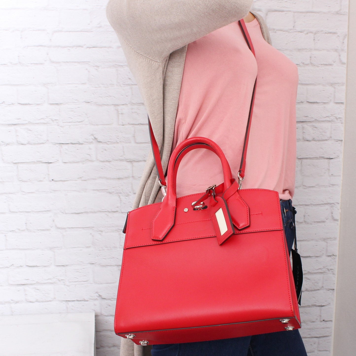 Louis Vuitton City Steamer PM Red Calfskin Leather Satchel Shoulder A3392