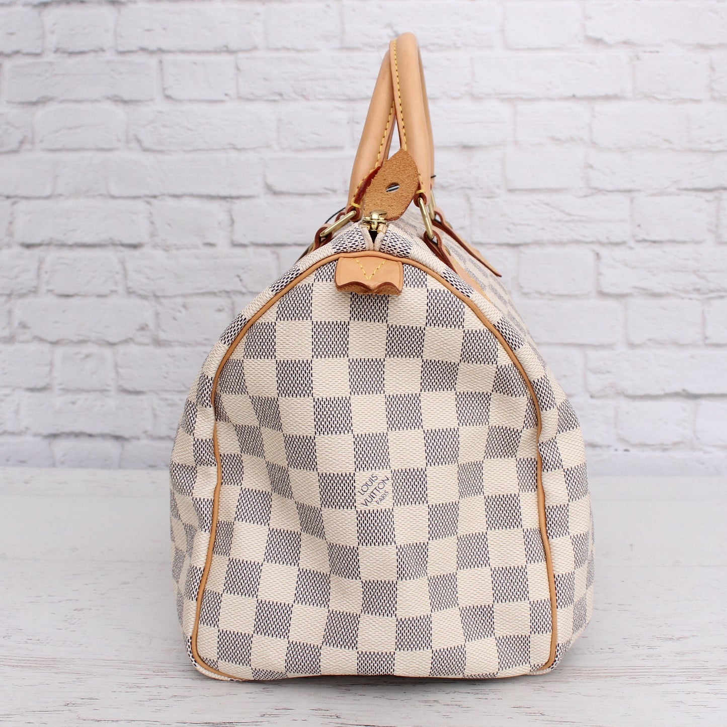 Louis Vuitton Speedy 30 Damier Azur Satchel White Boston Leather Handbag A5364