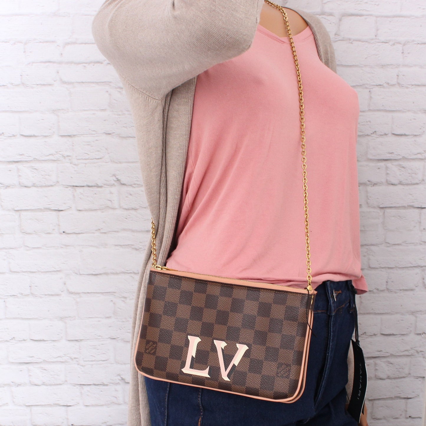 Louis Vuitton Double Zip Pochette Damier Ebene Crossbody Purse Chain A3985