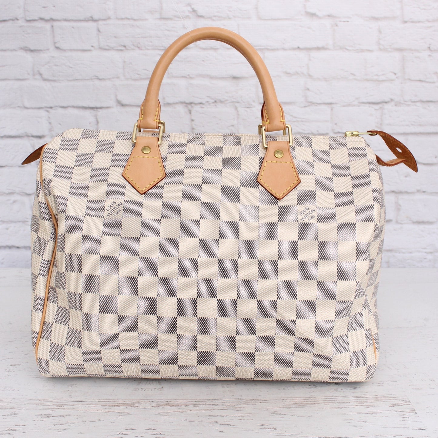 Louis Vuitton Speedy 30 Damier Azur Satchel White Boston Leather Handbag A5364