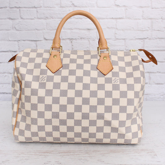 Louis Vuitton Speedy 30 Damier Azur Satchel White Boston Leather Handbag A5364