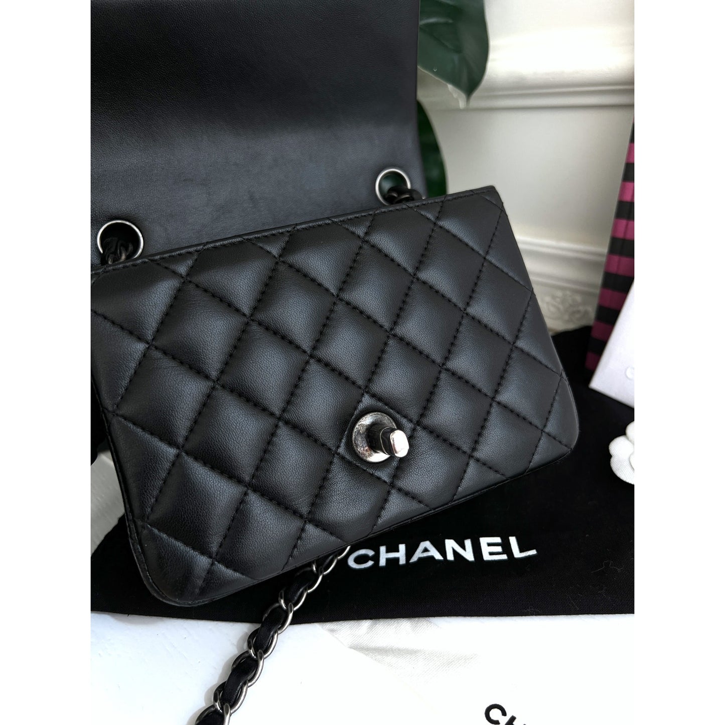 Authentic Chanel Black Lambskin Classic Square Flap Black Crossbody Bag