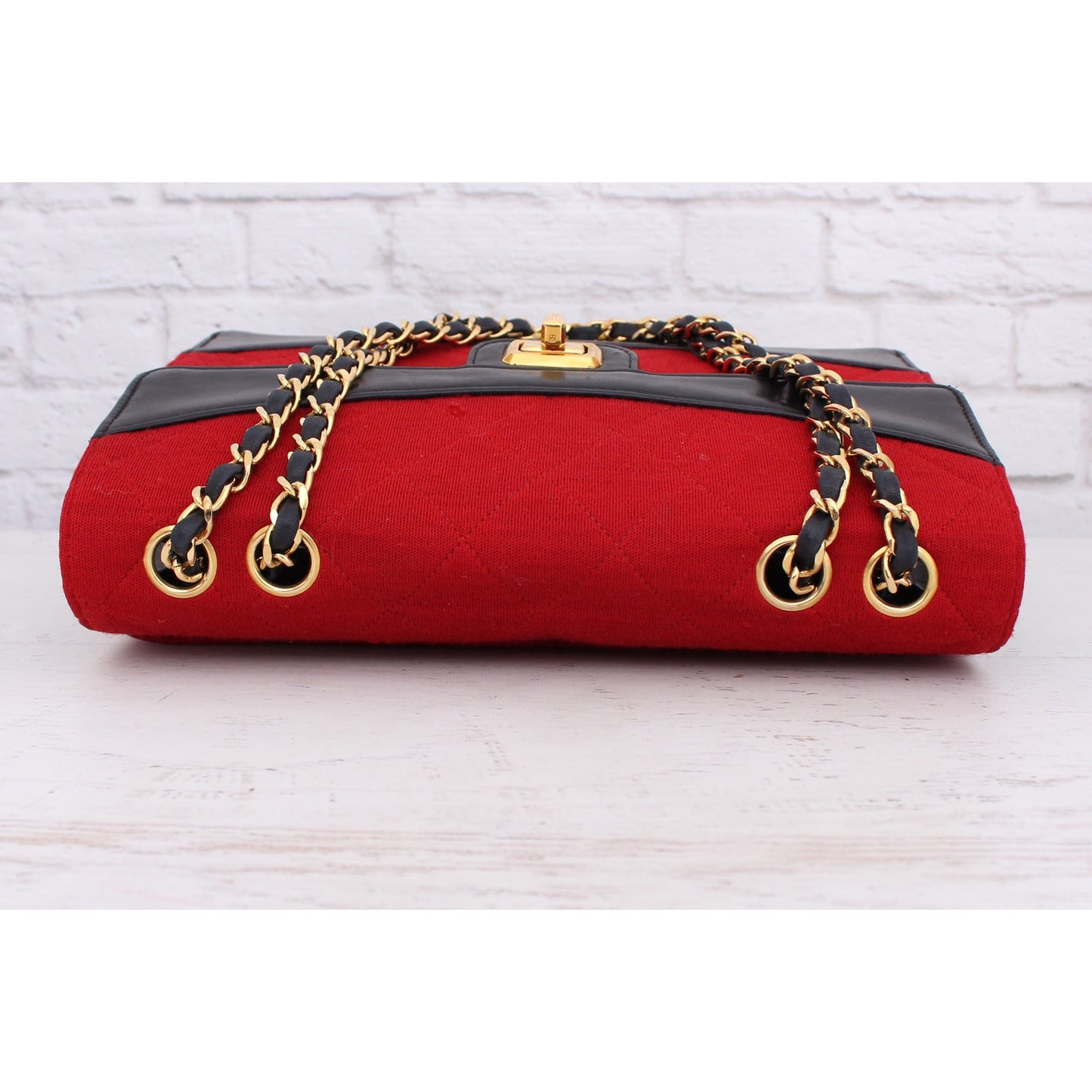 Chanel Double Chain Shoulder Bag Quilted Red Jersey Handbag Leather A4033
