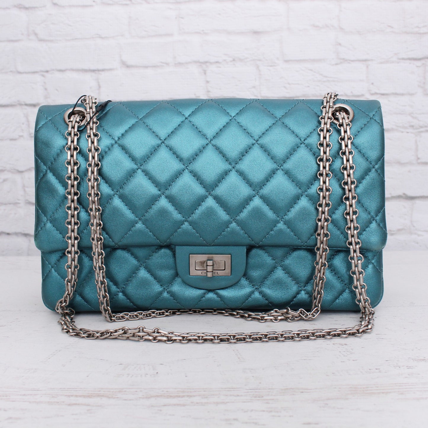 Chanel Classic Double Flap Reissue Metallic Teal Green Leather Crossbody A4713
