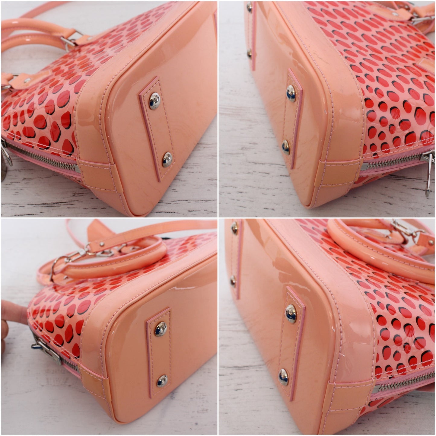 Louis Vuitton Alma BB Jung;e Dots Pink Vernis Crossbody Satchel Handbag A5535