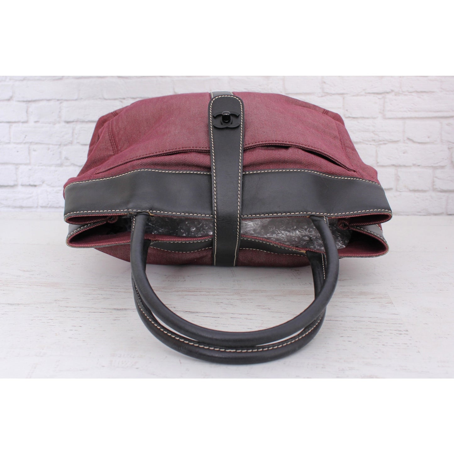 Chanel Tote Burgundy Denim Shoulder Bag Handbag Purse A4733