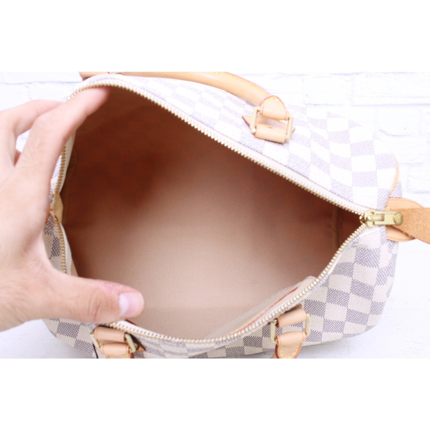 Louis Vuitton Speedy 30 Damier Azur Satchel White Boston Leather Handbag A5364