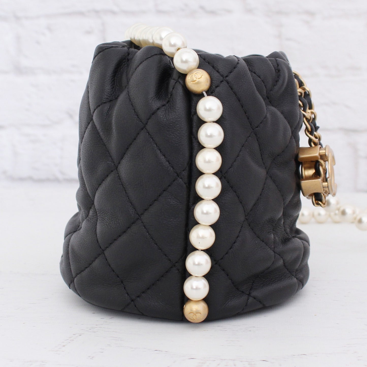 Chanel Pearl Chain Mini Black Lambskin Bucket Bag Shoulder Purse