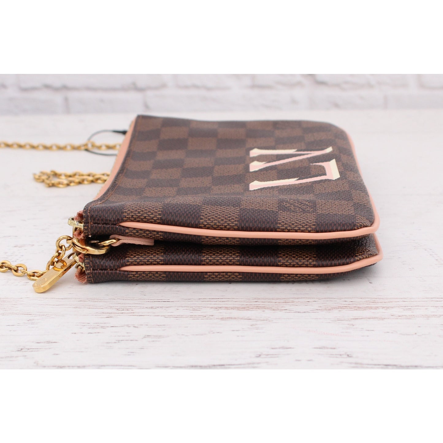 Louis Vuitton Double Zip Pochette Damier Ebene Crossbody Purse Chain A3985