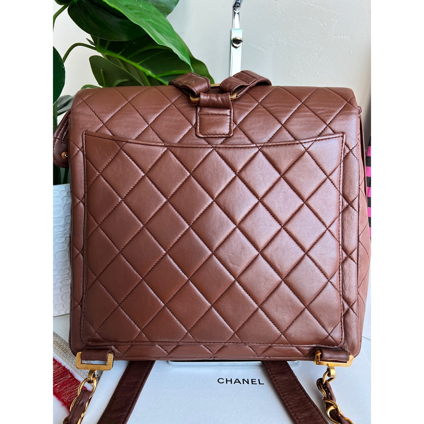 Authentic Chanel Backpack Brown Lambskin Leather Quilted Vintage B0815