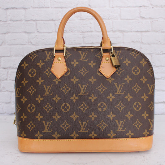 Louis Vuitton Alma MM Monogram Satchel Brown Leather Handbag Tote Purse A5092