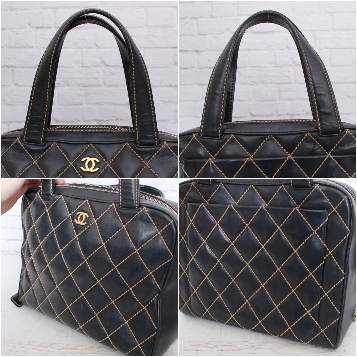 Chanel Wild Stitch Black Lambskin Leather Handbag Satchel Purse A5529