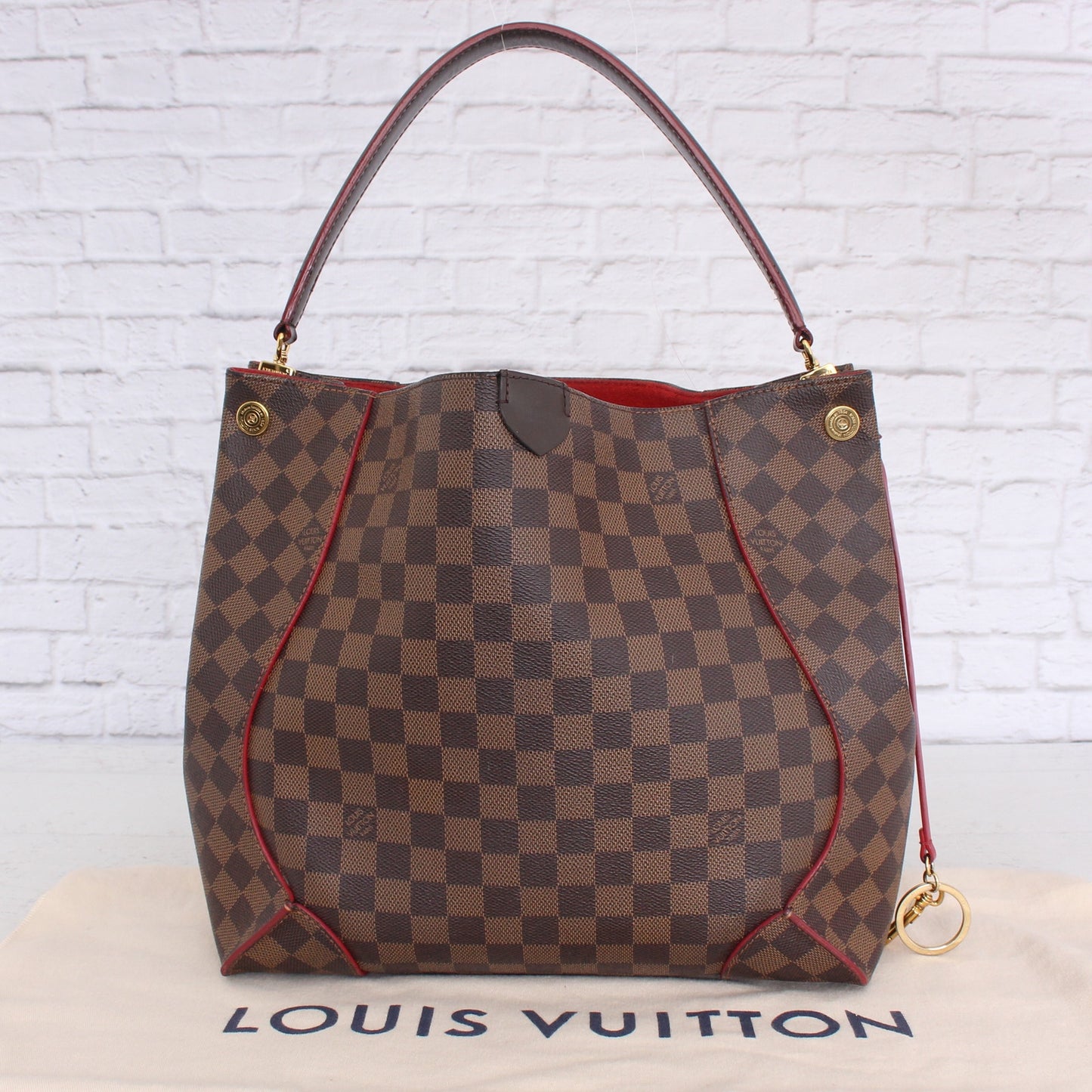 Louis Vuitton Caissa Hobo Damier Ebene Shoulder Bag Tote Large Red Zip