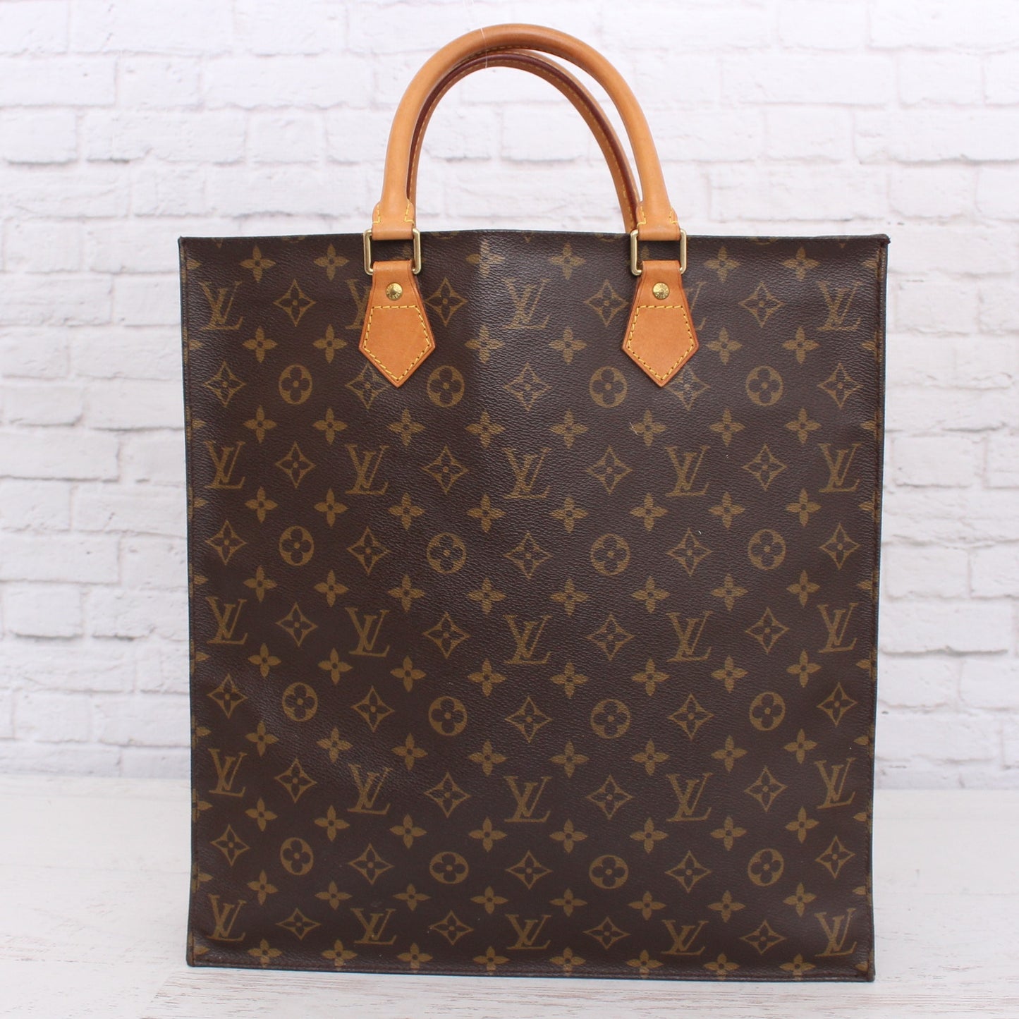 Louis Vuitton Sac Plat Monogram Satchel Shopper Brown Handbag Leather Tote A3986