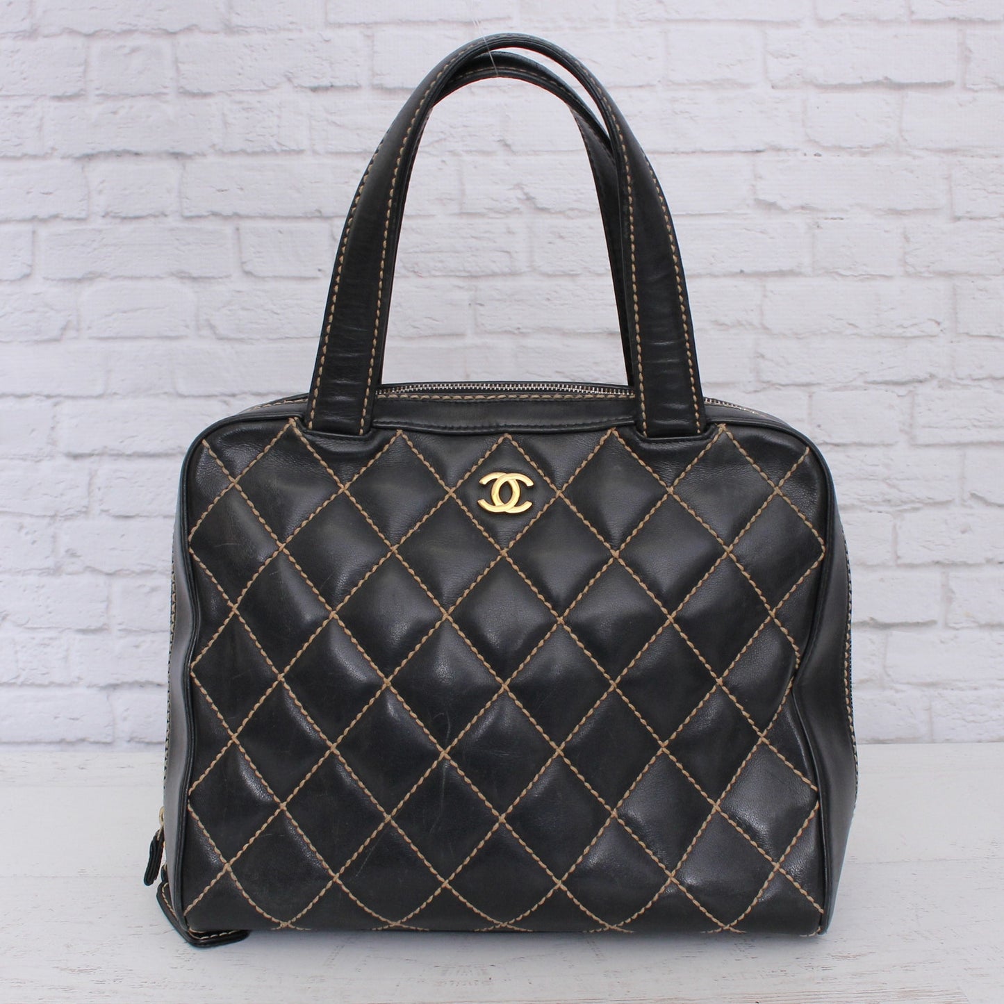 Chanel Wild Stitch Black Lambskin Leather Handbag Satchel Purse A5529