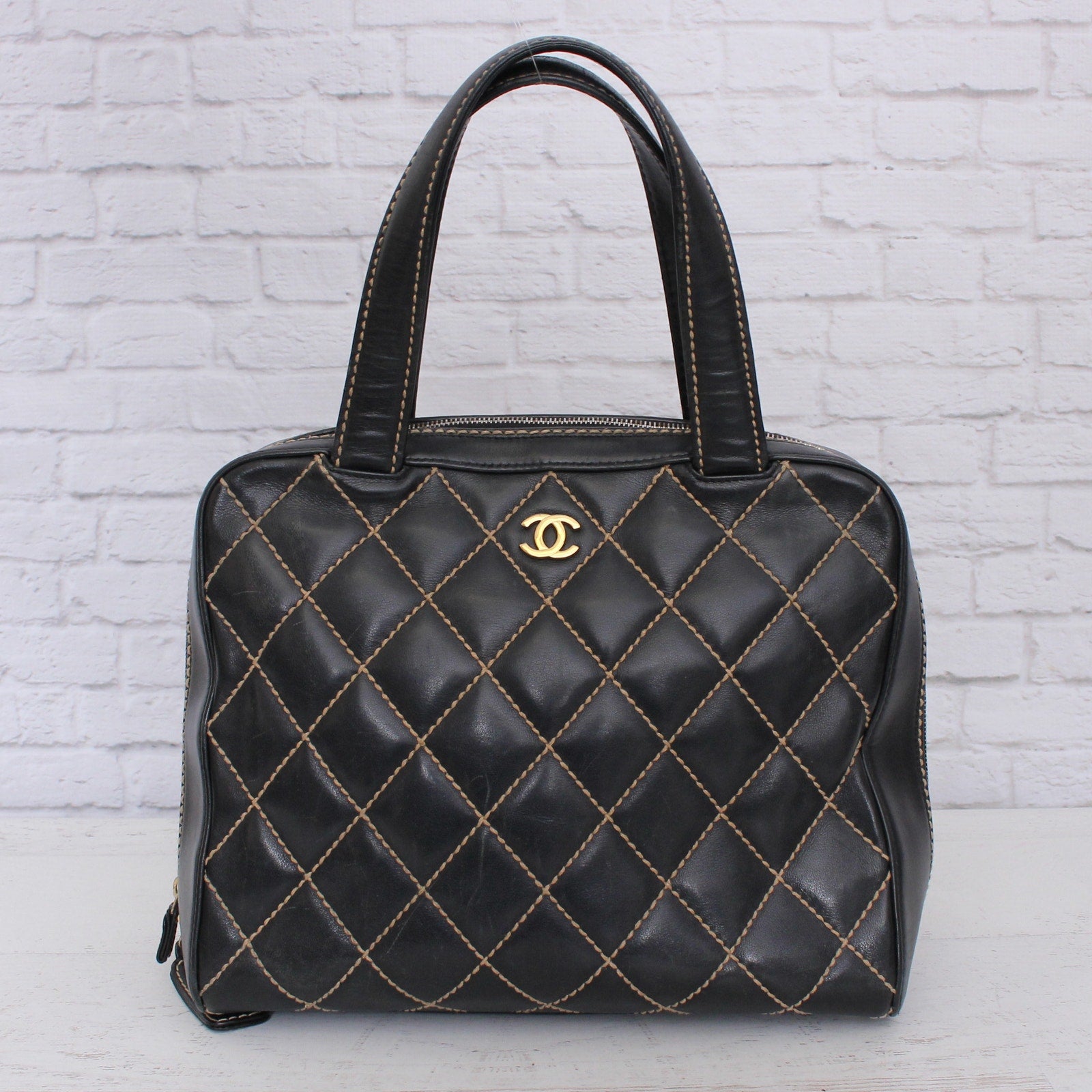 Chanel Wild Stitch Black Lambskin Leather Handbag Satchel Purse A5529