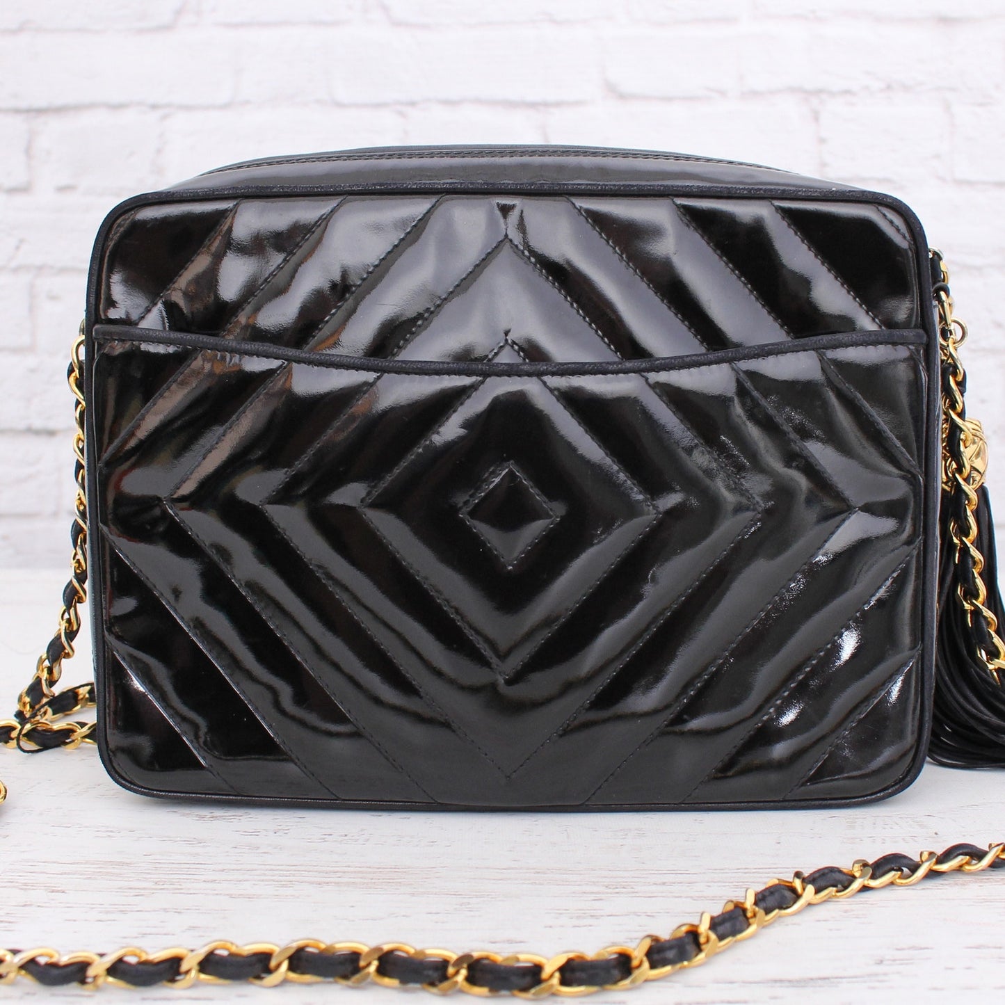 Chanel CC Black Patent Leather Camera Bag Shoulder Crossbody Purse A4959
