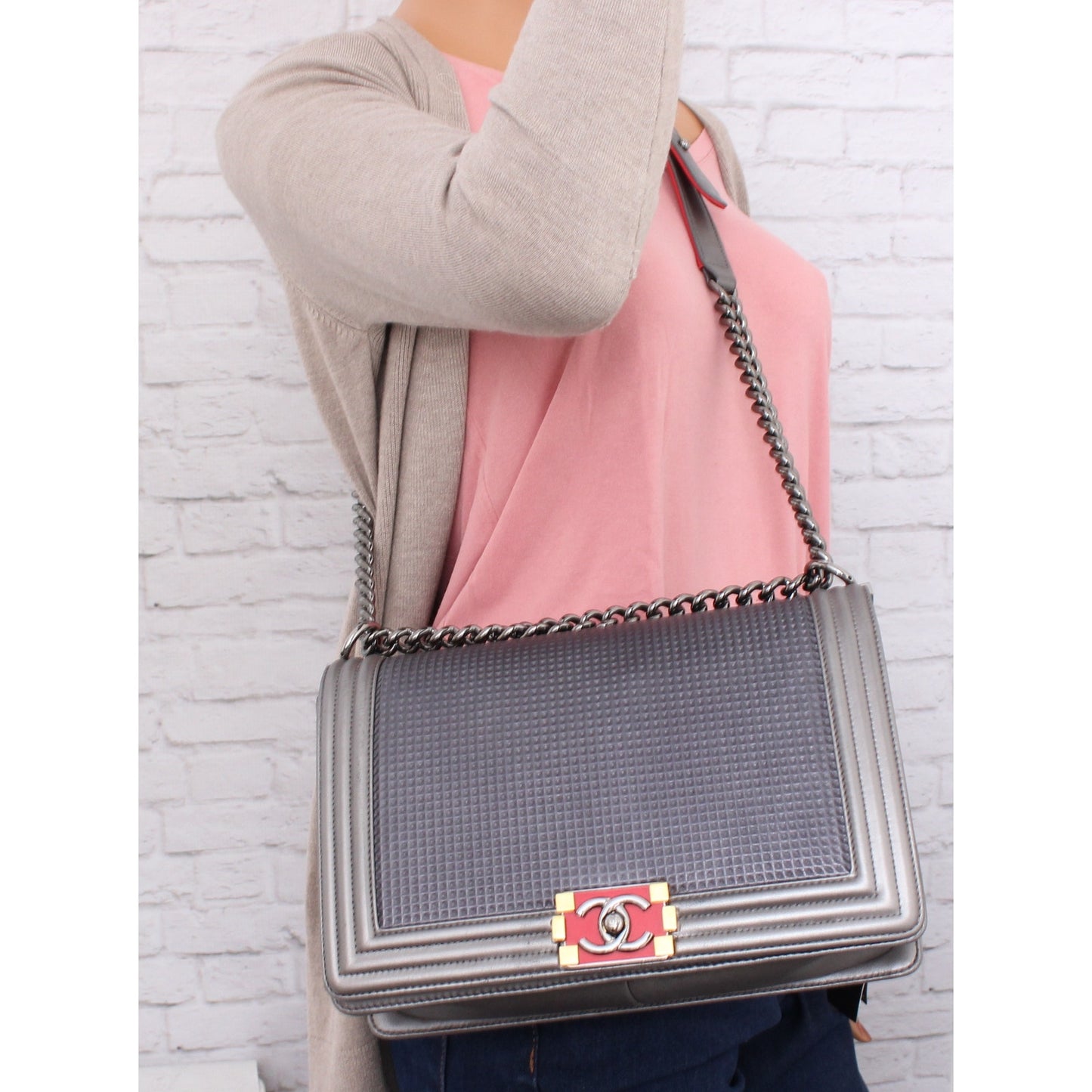 Chanel Boy Bag Cube Grey Lambskin Leather Shoulder Crossbody Purse A4572