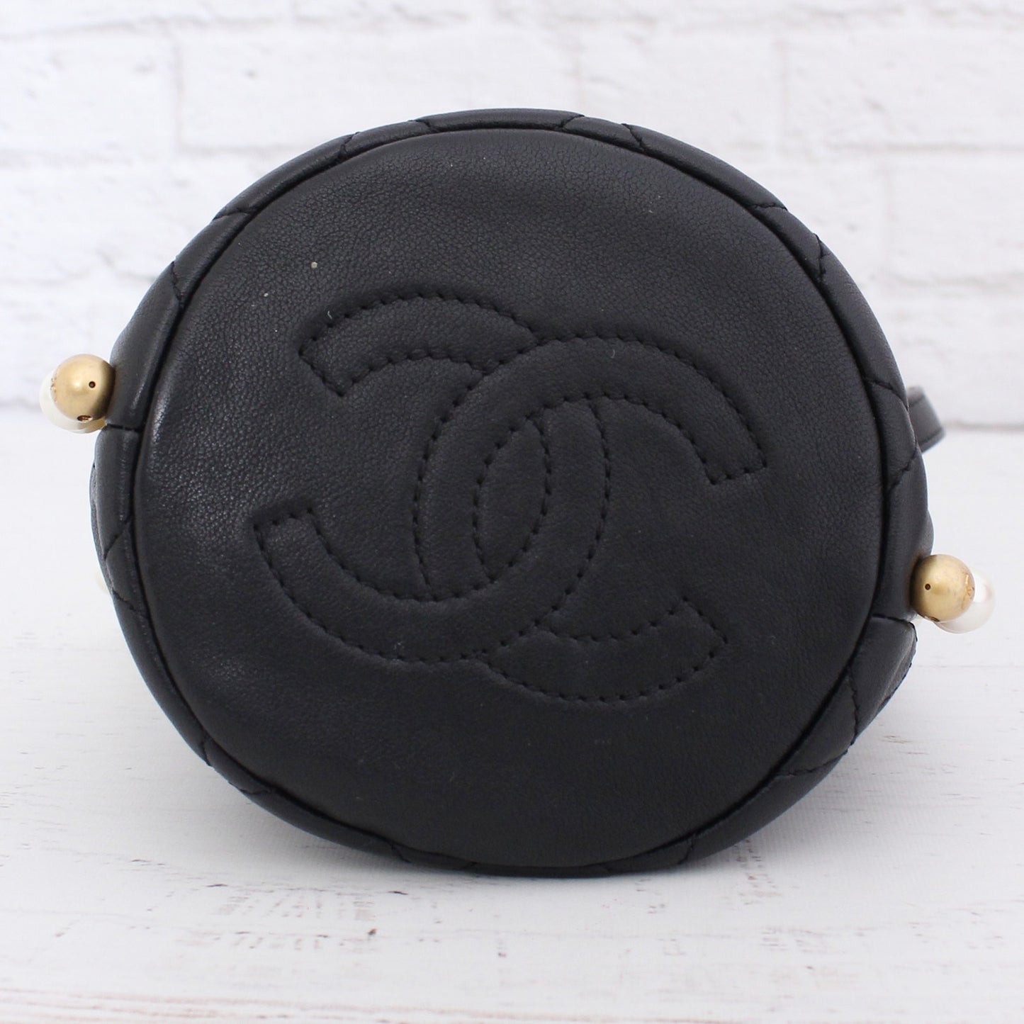 Chanel Pearl Chain Mini Black Lambskin Bucket Bag Shoulder Purse