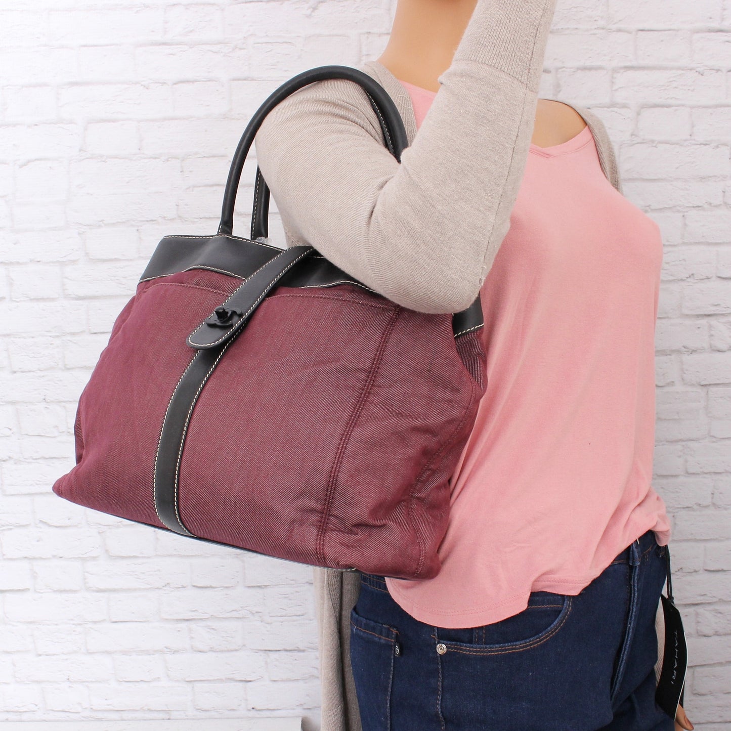 Chanel Tote Burgundy Denim Shoulder Bag Handbag Purse A4733