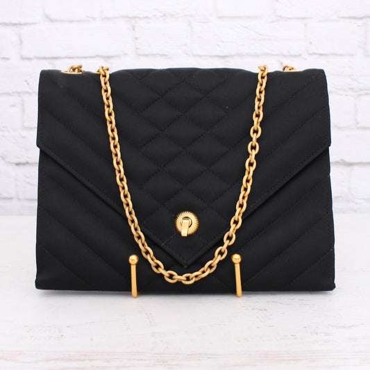 Chanel Envelope Flap V Stitch Black Nylon Fabric Shoulder Handbag Purse A4055