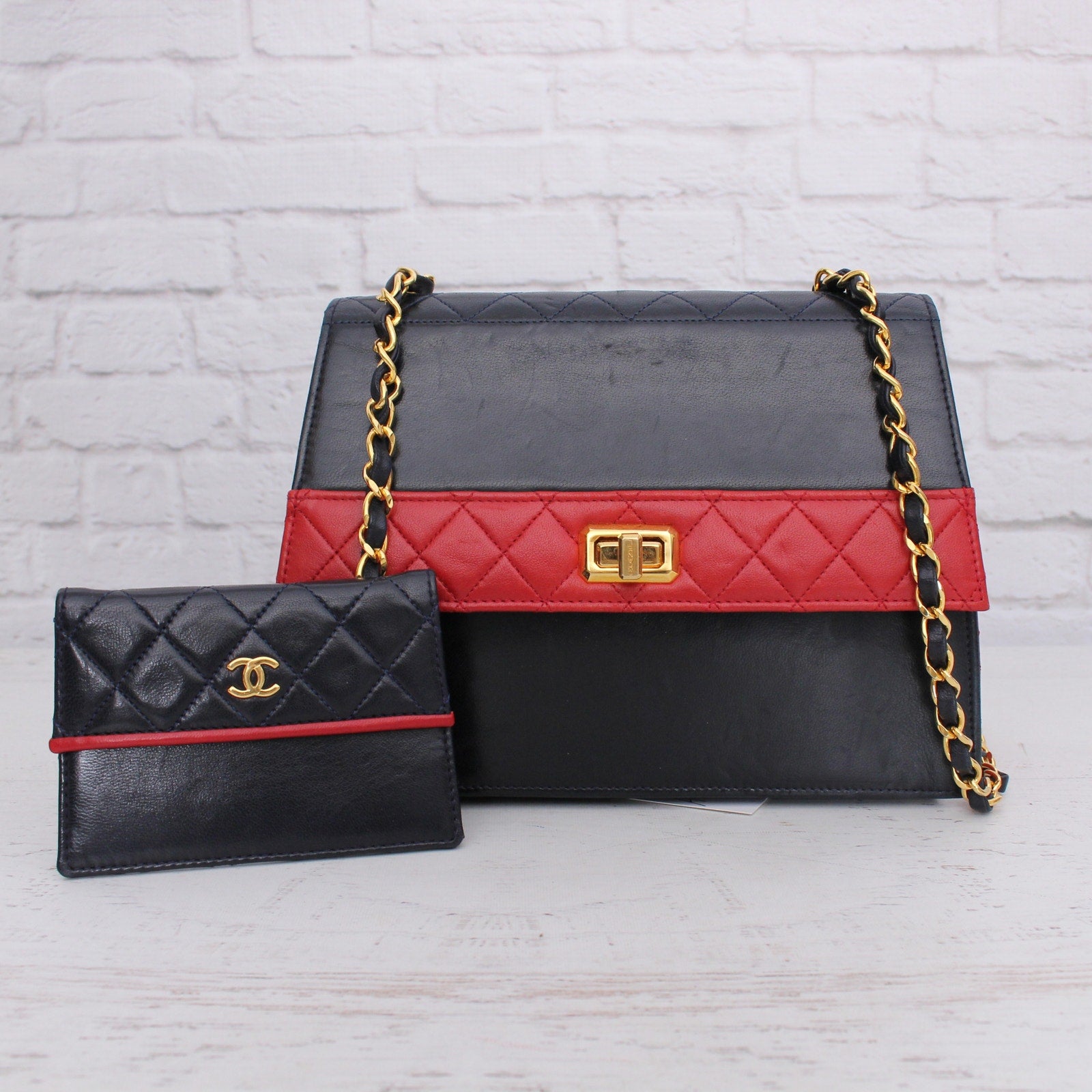 Chanel Trapezoid Flap Bag Two Tone Lambskin Leather Shoulder Crossbody Bag A4695
