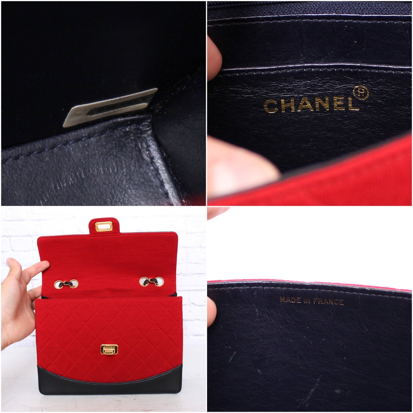 Chanel Double Chain Shoulder Bag Quilted Red Jersey Handbag Leather A4033