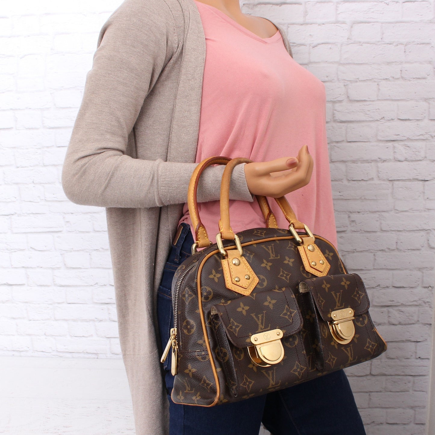 Louis Vuitton Manhattan PM Satchel Monogram Tote Handbag Brown Purse A5104