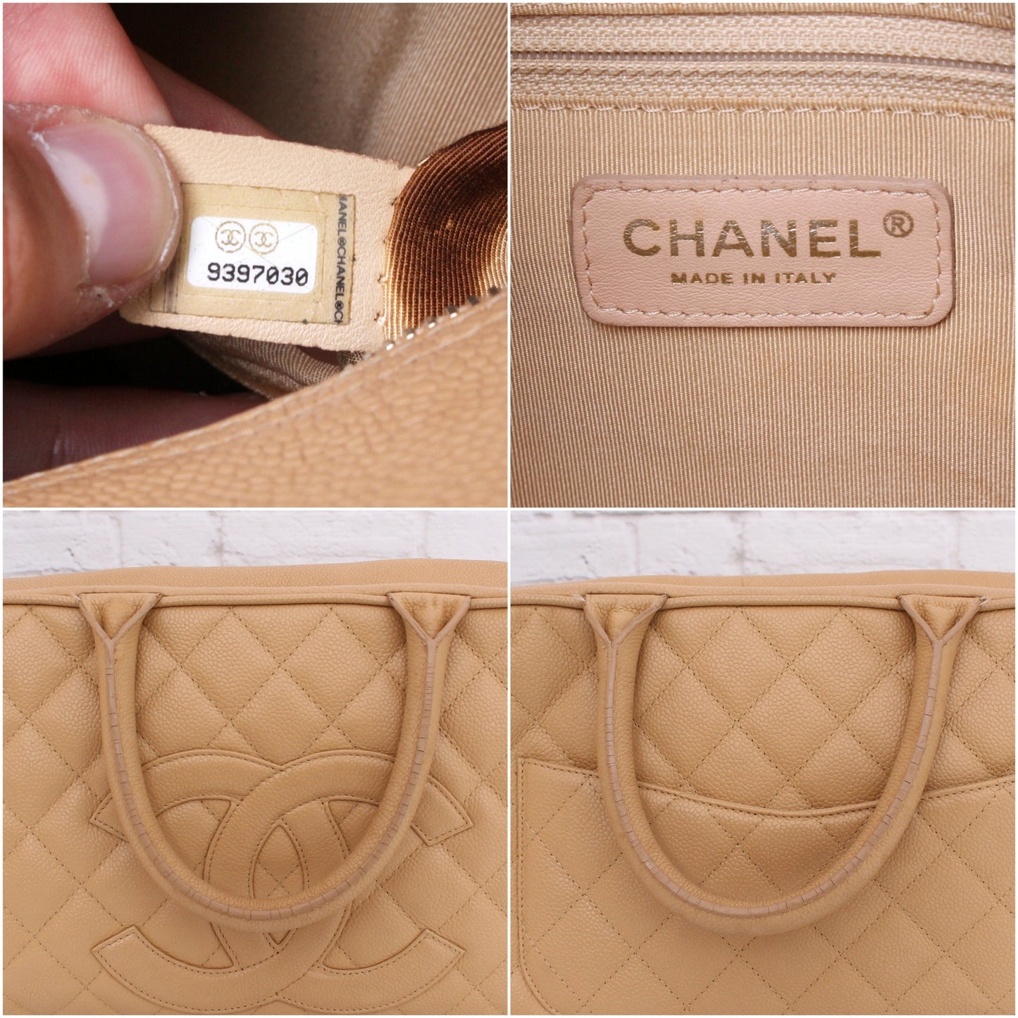 Chanel CC Bowler Boston Bag Beige Caviar Leather Bag Handbag Satchel A3507