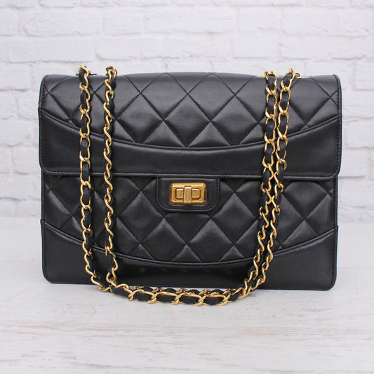 Chanel Mademoiselle Trapezoid Black Lambskin Flap Shoulder Crossbody Bag A5044