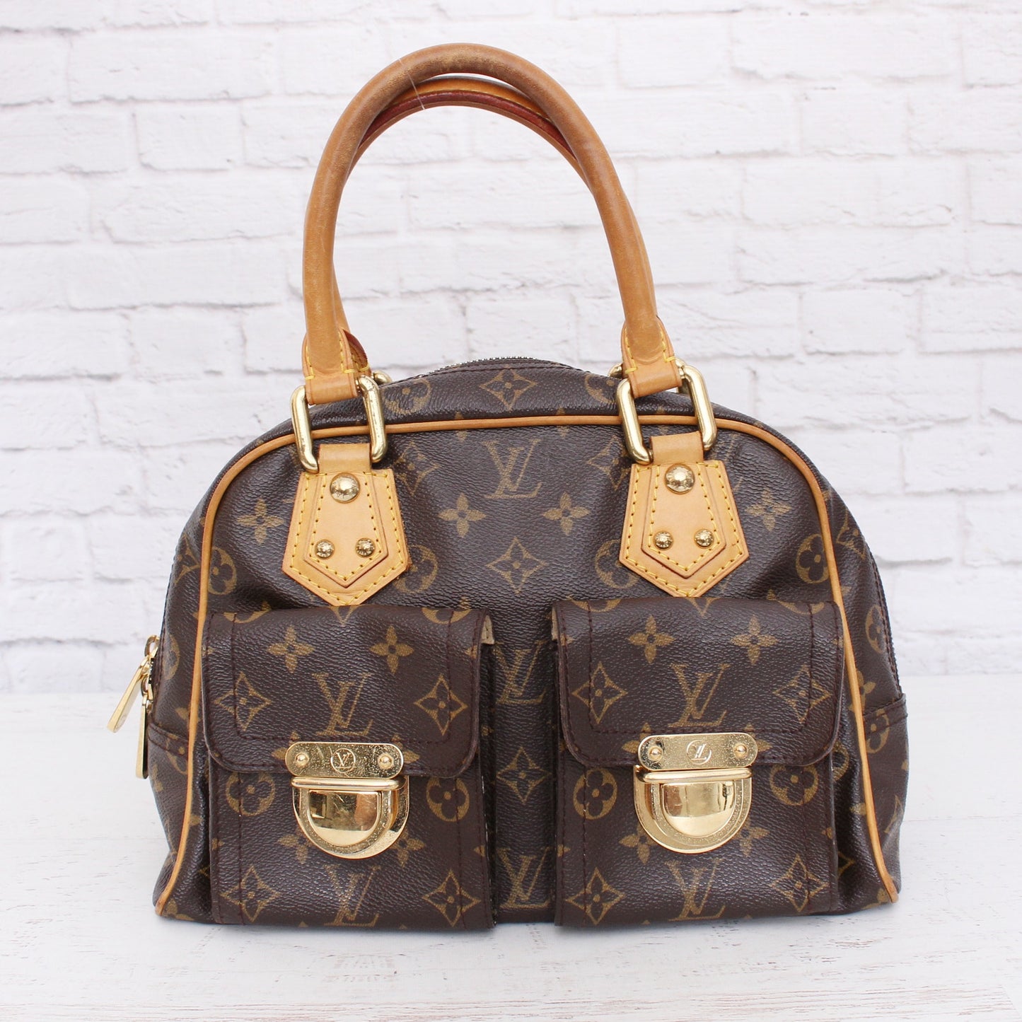 Louis Vuitton Manhattan PM Satchel Monogram Tote Handbag Brown Purse A5104