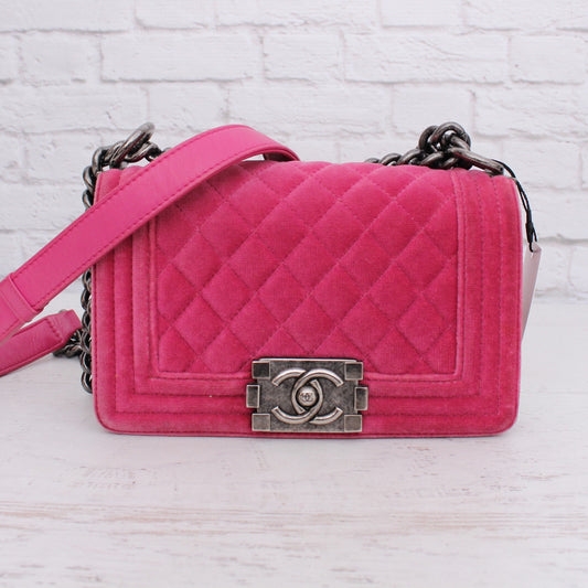 Chanel Boy Bag Pink Velour Crossbody and Shoulder Bag Purse Handbag A5365