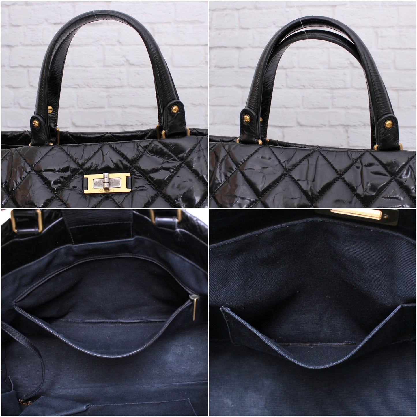 Chanel 2 Way Tote Black Glazed Calfskin Leather Shoulder Handbag Purse A4825