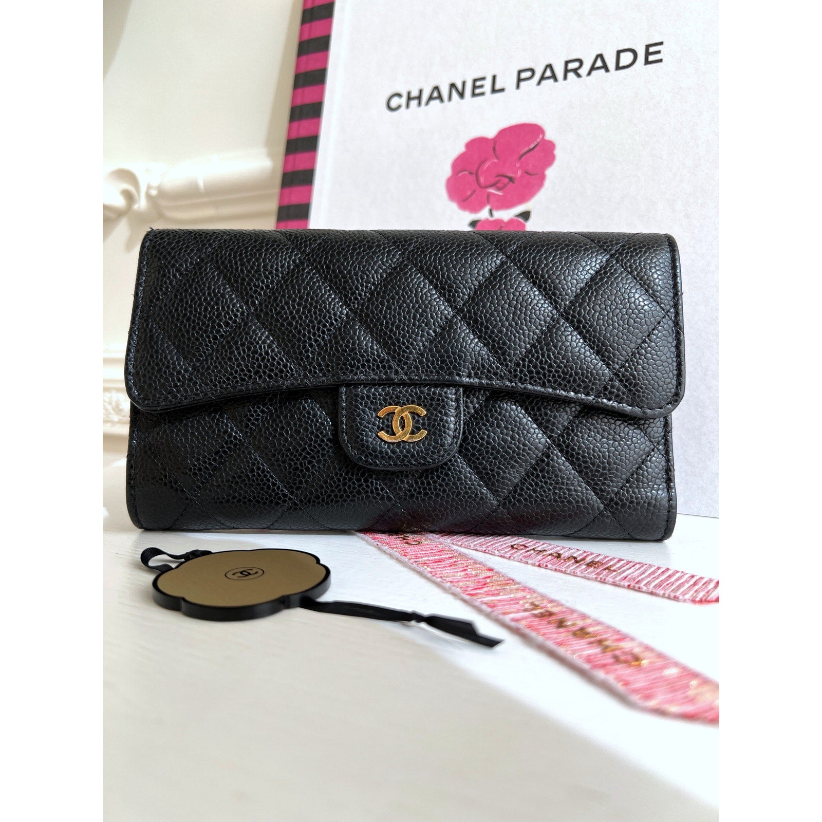 Chanel Wallet Long Caviar Black Leather Quilted Flap 19544023 B0746