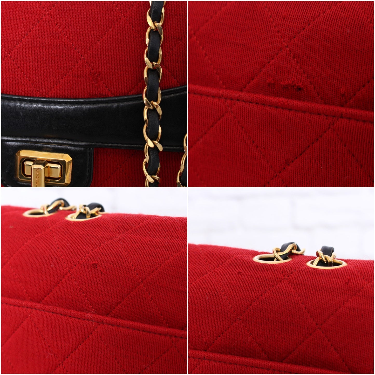 Chanel Double Chain Shoulder Bag Quilted Red Jersey Handbag Leather A4033
