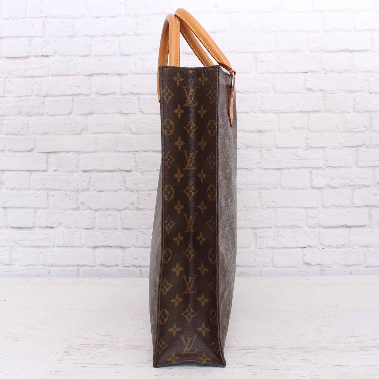 Louis Vuitton Sac Plat Monogram Satchel Shopper Brown Handbag Leather Tote A3986