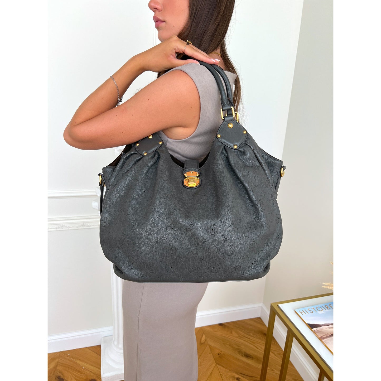 Louis Vuitton Mahina L Leather Gray Monogram Hobo