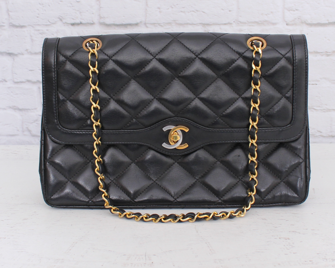 Chanel Limited Edition Two Tone Double Flap Black Lambskin Medium A9262